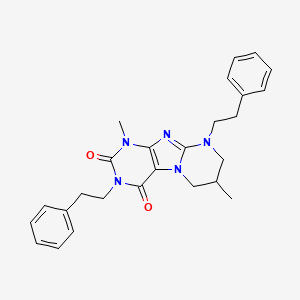 molecular formula C26H29N5O2 B2416271 1,7-dimethyl-3,9-diphenethyl-6,7,8,9-tetrahydropyrimido[2,1-f]purine-2,4(1H,3H)-dione CAS No. 861138-85-4