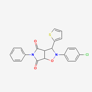 molecular formula C21H15ClN2O3S B2416294 2-(4-chlorophenyl)-5-phenyl-3-(thiophen-2-yl)dihydro-2H-pyrrolo[3,4-d]isoxazole-4,6(5H,6aH)-dione CAS No. 470695-35-3