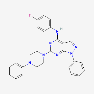 molecular formula C27H24FN7 B2416332 N-(4-fluorophenyl)-1-phenyl-6-(4-phenylpiperazin-1-yl)-1H-pyrazolo[3,4-d]pyrimidin-4-amine CAS No. 946296-51-1
