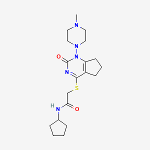molecular formula C19H29N5O2S B2416336 N-cyclopentyl-2-((1-(4-methylpiperazin-1-yl)-2-oxo-2,5,6,7-tetrahydro-1H-cyclopenta[d]pyrimidin-4-yl)thio)acetamide CAS No. 899951-32-7