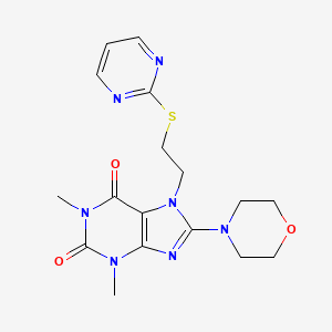 molecular formula C17H21N7O3S B2416348 1,3-dimethyl-8-morpholino-7-(2-(pyrimidin-2-ylthio)ethyl)-1H-purine-2,6(3H,7H)-dione CAS No. 673494-46-7