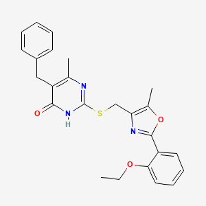 molecular formula C25H25N3O3S B2416370 5-Benzyl-2-(((2-(2-ethoxyphenyl)-5-methyloxazol-4-yl)methyl)thio)-6-methylpyrimidin-4-ol CAS No. 1040654-64-5