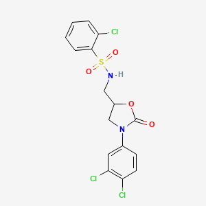 molecular formula C16H13Cl3N2O4S B2416394 2-chloro-N-((3-(3,4-dichlorophenyl)-2-oxooxazolidin-5-yl)methyl)benzenesulfonamide CAS No. 954652-48-3