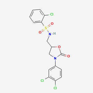 molecular formula C16H13Cl3N2O4S B2416394 2-クロロ-N-((3-(3,4-ジクロロフェニル)-2-オキソオキサゾリジン-5-イル)メチル)ベンゼンスルホンアミド CAS No. 954652-48-3