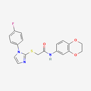 molecular formula C19H16FN3O3S B2416395 N-(2,3-dihydrobenzo[b][1,4]dioxin-6-yl)-2-((1-(4-fluorophenyl)-1H-imidazol-2-yl)thio)acetamide CAS No. 688336-82-5