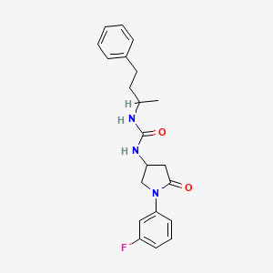 molecular formula C21H24FN3O2 B2416410 1-(1-(3-Fluorophenyl)-5-oxopyrrolidin-3-yl)-3-(4-phenylbutan-2-yl)urea CAS No. 894027-86-2