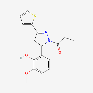 molecular formula C17H18N2O3S B2416475 1-[3-(2-Hydroxy-3-methoxyphenyl)-5-thiophen-2-yl-3,4-dihydropyrazol-2-yl]propan-1-one CAS No. 871307-69-6