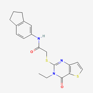 molecular formula C19H19N3O2S2 B2416521 N-(2,3-dihydro-1H-inden-5-yl)-2-[(3-ethyl-4-oxo-3,4-dihydrothieno[3,2-d]pyrimidin-2-yl)sulfanyl]acetamide CAS No. 1252818-39-5