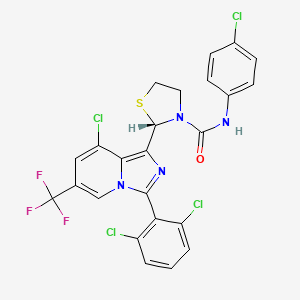 molecular formula C24H15Cl4F3N4OS B2416570 (2S)-2-[8-chloro-3-(2,6-dichlorophenyl)-6-(trifluoromethyl)imidazo[1,5-a]pyridin-1-yl]-N-(4-chlorophenyl)-1,3-thiazolidine-3-carboxamide CAS No. 2085690-74-8
