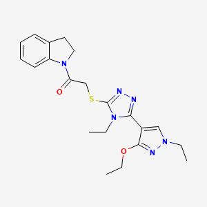 molecular formula C21H26N6O2S B2416571 2-((5-(3-ethoxy-1-ethyl-1H-pyrazol-4-yl)-4-ethyl-4H-1,2,4-triazol-3-yl)thio)-1-(indolin-1-yl)ethanone CAS No. 1013778-33-0
