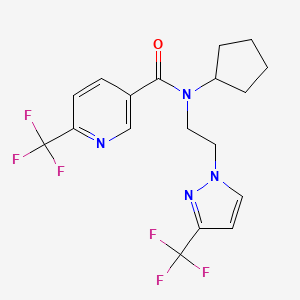 molecular formula C18H18F6N4O B2416594 N-cyclopentyl-6-(trifluoromethyl)-N-(2-(3-(trifluoromethyl)-1H-pyrazol-1-yl)ethyl)nicotinamide CAS No. 2034379-21-8