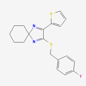 molecular formula C19H19FN2S2 B2416611 2-[(4-Fluorobenzyl)sulfanyl]-3-(2-thienyl)-1,4-diazaspiro[4.5]deca-1,3-diene CAS No. 1276620-23-5