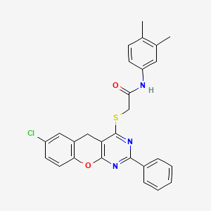 molecular formula C27H22ClN3O2S B2416632 2-((7-chloro-2-phenyl-5H-chromeno[2,3-d]pyrimidin-4-yl)thio)-N-(3,4-dimethylphenyl)acetamide CAS No. 866340-66-1
