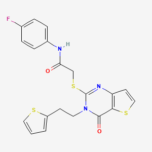 molecular formula C20H16FN3O2S3 B2416634 N-(4-氟苯基)-2-({4-氧代-3-[2-(噻吩-2-基)乙基]-3,4-二氢噻吩并[3,2-d]嘧啶-2-基}硫代)乙酰胺 CAS No. 1260920-31-7