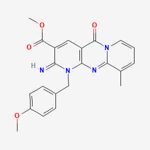 molecular formula C22H20N4O4 B2416668 Methyl 6-imino-7-[(4-methoxyphenyl)methyl]-11-methyl-2-oxo-1,7,9-triazatricyclo[8.4.0.0^{3,8}]tetradeca-3(8),4,9,11,13-pentaene-5-carboxylate CAS No. 371135-38-5