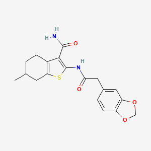 molecular formula C19H20N2O4S B2416673 2-(2-(Benzo[d][1,3]dioxol-5-yl)acetamido)-6-methyl-4,5,6,7-tetrahydrobenzo[b]thiophene-3-carboxamide CAS No. 922065-90-5