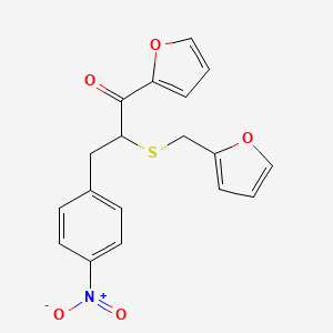 molecular formula C18H15NO5S B2416728 1-(Furan-2-yl)-2-((furan-2-ylmethyl)thio)-3-(4-nitrophenyl)propan-1-one CAS No. 305372-62-7