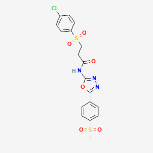 molecular formula C18H16ClN3O6S2 B2416814 3-((4-chlorophenyl)sulfonyl)-N-(5-(4-(methylsulfonyl)phenyl)-1,3,4-oxadiazol-2-yl)propanamide CAS No. 886915-13-5