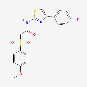 molecular formula C18H15FN2O4S2 B2416840 N-(4-(4-fluorophenyl)thiazol-2-yl)-2-((4-methoxyphenyl)sulfonyl)acetamide CAS No. 941951-71-9