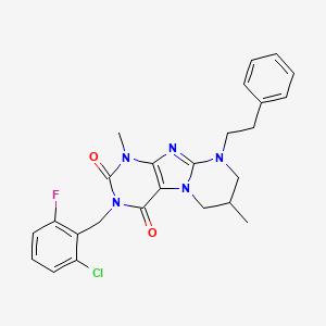 molecular formula C25H25ClFN5O2 B2416866 3-(2-chloro-6-fluorobenzyl)-1,7-dimethyl-9-phenethyl-6,7,8,9-tetrahydropyrimido[2,1-f]purine-2,4(1H,3H)-dione CAS No. 877616-31-4
