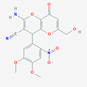 molecular formula C18H15N3O8 B2416902 2-Amino-4-(4,5-dimethoxy-2-nitrophenyl)-6-(hydroxymethyl)-8-oxo-4,8-dihydropyrano[3,2-b]pyran-3-carbonitrile CAS No. 625376-13-8
