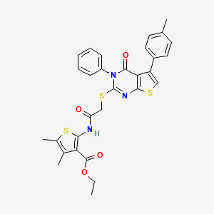molecular formula C30H27N3O4S3 B2416918 Ethyl 4,5-dimethyl-2-(2-((4-oxo-3-phenyl-5-(p-tolyl)-3,4-dihydrothieno[2,3-d]pyrimidin-2-yl)thio)acetamido)thiophene-3-carboxylate CAS No. 500112-88-9