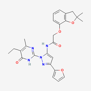 molecular formula C26H27N5O5 B2416928 2-((2,2-dimethyl-2,3-dihydrobenzofuran-7-yl)oxy)-N-(1-(5-ethyl-4-methyl-6-oxo-1,6-dihydropyrimidin-2-yl)-3-(furan-2-yl)-1H-pyrazol-5-yl)acetamide CAS No. 1208724-34-8