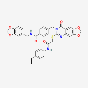 molecular formula C35H30N4O7S B2416943 N-(1,3-benzodioxol-5-ylmethyl)-4-{[6-({2-[(4-ethylphenyl)amino]-2-oxoethyl}thio)-8-oxo[1,3]dioxolo[4,5-g]quinazolin-7(8H)-yl]methyl}benzamide CAS No. 688062-04-6