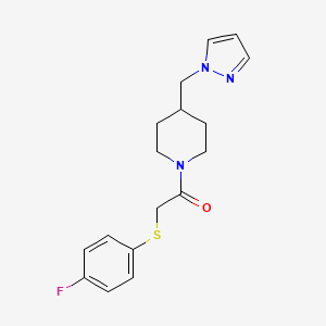 molecular formula C17H20FN3OS B2416972 1-(4-((1H-pyrazol-1-yl)methyl)piperidin-1-yl)-2-((4-fluorophenyl)thio)ethanone CAS No. 1286709-84-9