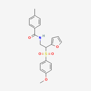 molecular formula C21H21NO5S B2416987 N-{2-(2-呋喃基)-2-[(4-甲氧基苯基)磺酰基]乙基}-4-甲基苯甲酰胺 CAS No. 946265-09-4