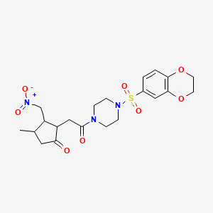 molecular formula C21H27N3O8S B2417061 2-{2-[4-(2,3-Dihydro-1,4-benzodioxine-6-sulfonyl)piperazin-1-yl]-2-oxoethyl}-4-methyl-3-(nitromethyl)cyclopentan-1-one CAS No. 1212172-70-7