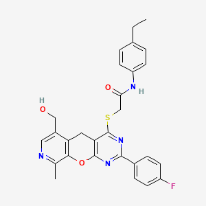 molecular formula C28H25FN4O3S B2417065 N-(4-ethylphenyl)-2-((2-(4-fluorophenyl)-6-(hydroxymethyl)-9-methyl-5H-pyrido[4',3':5,6]pyrano[2,3-d]pyrimidin-4-yl)thio)acetamide CAS No. 892385-75-0