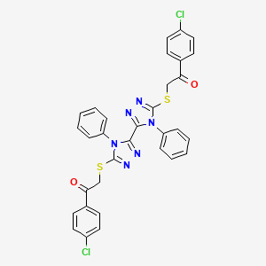 molecular formula C32H22Cl2N6O2S2 B2417072 1-(4-Chlorophenyl)-2-[[5-[5-[2-(4-chlorophenyl)-2-oxoethyl]sulfanyl-4-phenyl-1,2,4-triazol-3-yl]-4-phenyl-1,2,4-triazol-3-yl]sulfanyl]ethanone CAS No. 452089-28-0