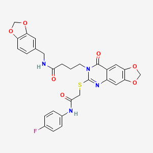 N-(1,3-benzodioxol-5-ylmethyl)-4-[6-[2-(4-fluoroanilino)-2-oxoethyl]sulfanyl-8-oxo-[1,3]dioxolo[4,5-g]quinazolin-7-yl]butanamide