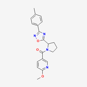 molecular formula C20H20N4O3 B2417142 2-Methoxy-5-({2-[3-(4-methylphenyl)-1,2,4-oxadiazol-5-yl]pyrrolidin-1-yl}carbonyl)pyridine CAS No. 1788628-81-8