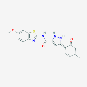 molecular formula C19H16N4O3S B241723 (5Z)-N-(6-methoxy-1,3-benzothiazol-2-yl)-5-(4-methyl-6-oxocyclohexa-2,4-dien-1-ylidene)-1,2-dihydropyrazole-3-carboxamide 