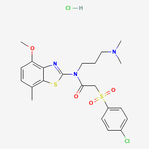 molecular formula C22H27Cl2N3O4S2 B2417268 2-((4-chlorophenyl)sulfonyl)-N-(3-(dimethylamino)propyl)-N-(4-methoxy-7-methylbenzo[d]thiazol-2-yl)acetamide hydrochloride CAS No. 1216408-76-2