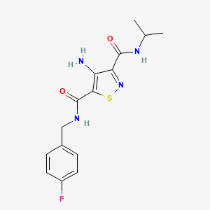 molecular formula C15H17FN4O2S B2417338 4-amino-N~5~-(4-fluorobenzyl)-N~3~-isopropylisothiazole-3,5-dicarboxamide CAS No. 1286728-74-2
