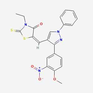 molecular formula C22H18N4O4S2 B2417346 (E)-3-乙基-5-((3-(4-甲氧基-3-硝基苯基)-1-苯基-1H-吡唑-4-基)亚甲基)-2-硫代噻唑烷-4-酮 CAS No. 371776-32-8