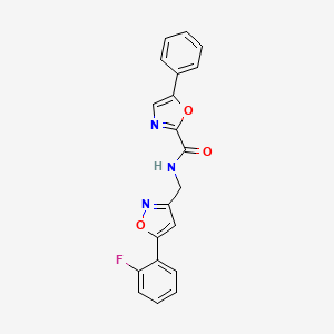 molecular formula C20H14FN3O3 B2417374 N-((5-(2-fluorophenyl)isoxazol-3-yl)methyl)-5-phenyloxazole-2-carboxamide CAS No. 1208747-18-5