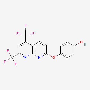 molecular formula C16H8F6N2O2 B2417388 4-{[5,7-Bis(trifluoromethyl)[1,8]naphthyridin-2-yl]oxy}benzenol CAS No. 303996-31-8