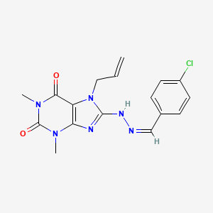 molecular formula C17H17ClN6O2 B2417389 8-[(2Z)-2-[(4-chlorophenyl)methylidene]hydrazinyl]-1,3-dimethyl-7-prop-2-enylpurine-2,6-dione CAS No. 377056-44-5