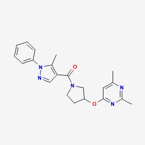 molecular formula C21H23N5O2 B2417407 2,4-dimethyl-6-{[1-(5-methyl-1-phenyl-1H-pyrazole-4-carbonyl)pyrrolidin-3-yl]oxy}pyrimidine CAS No. 2097915-08-5