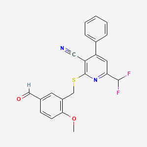 molecular formula C22H16F2N2O2S B2417434 6-(二氟甲基)-2-[(5-甲酰基-2-甲氧基苄基)硫代]-4-苯基烟腈 CAS No. 445260-24-2