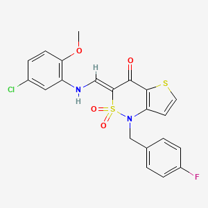 molecular formula C21H16ClFN2O4S2 B2417439 (3Z)-3-{[(5-chloro-2-methoxyphenyl)amino]methylene}-1-(4-fluorobenzyl)-1H-thieno[3,2-c][1,2]thiazin-4(3H)-one 2,2-dioxide CAS No. 894682-25-8