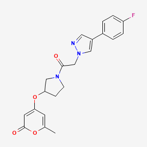 molecular formula C21H20FN3O4 B2417482 4-((1-(2-(4-(4-fluorophenyl)-1H-pyrazol-1-yl)acetyl)pyrrolidin-3-yl)oxy)-6-methyl-2H-pyran-2-one CAS No. 1798512-82-9