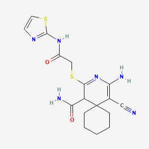 molecular formula C17H20N6O2S2 B2417534 4-氨基-5-氰基-2-((2-氧代-2-(噻唑-2-基氨基)乙基)硫代)-3-氮杂螺[5.5]十一烷-2,4-二烯-1-甲酰胺 CAS No. 532964-73-1