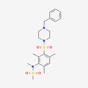 molecular formula C22H31N3O4S2 B2417585 N-(3-((4-苄基哌嗪-1-基)磺酰基)-2,4,6-三甲基苯基)-N-甲基甲烷磺酰胺 CAS No. 923157-74-8