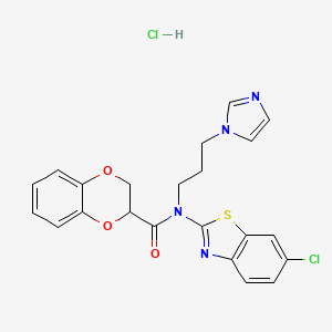 molecular formula C22H20Cl2N4O3S B2417623 N-(3-(1H-imidazol-1-yl)propyl)-N-(6-chlorobenzo[d]thiazol-2-yl)-2,3-dihydrobenzo[b][1,4]dioxine-2-carboxamide hydrochloride CAS No. 1329914-30-8