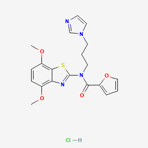 molecular formula C20H21ClN4O4S B2417626 N-(3-(1H-imidazol-1-yl)propyl)-N-(4,7-dimethoxybenzo[d]thiazol-2-yl)furan-2-carboxamide hydrochloride CAS No. 1215666-18-4